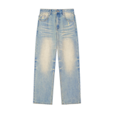 SHOPHOODIE® BLANK Sunfade Raw-Hem Wide-Leg Denim Jeans — 385 GSM