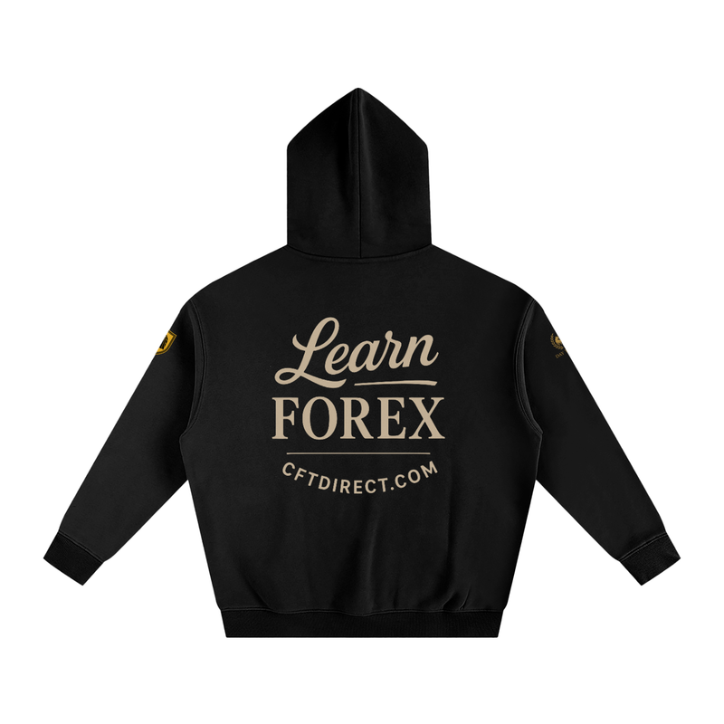 Black hoodie with 'Learn FOREX' text on the back against a white background cftdirect.com