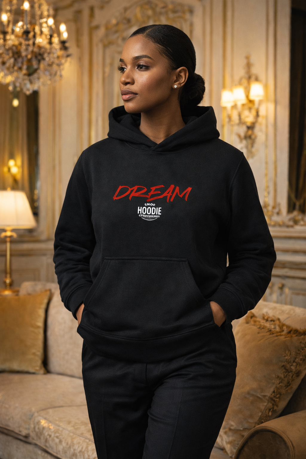 Person wearing a black hoodie with 'Dream Hoodie' text in a luxurious room.