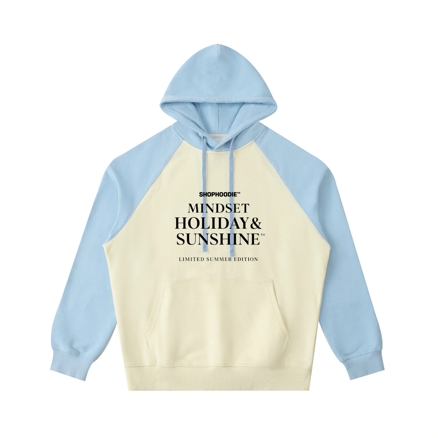 ShopHoodie brand hoodie with 'Mindset Holiday & Sunshine' text on a white background