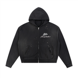 SHOPHOODIE® NEVER SURRENDER Sun Fade Frayed Raw Edge Fleece Zip Hoodie — 404 GSM