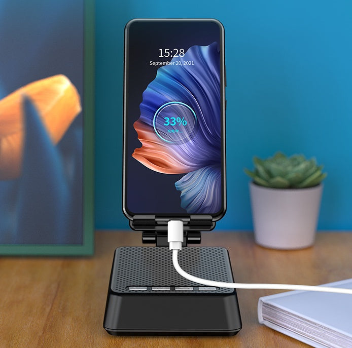Smartphone on a stand with a charging cable, displayed against a blue wall with a plant.