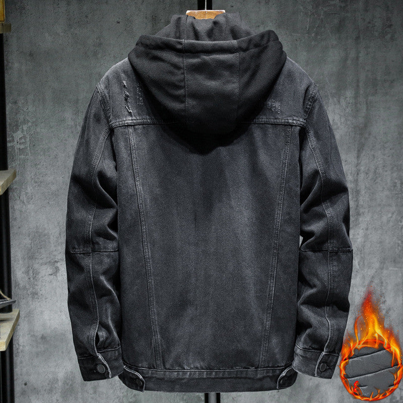 Black hooded jacket on a gray background with a fiery hand icon.