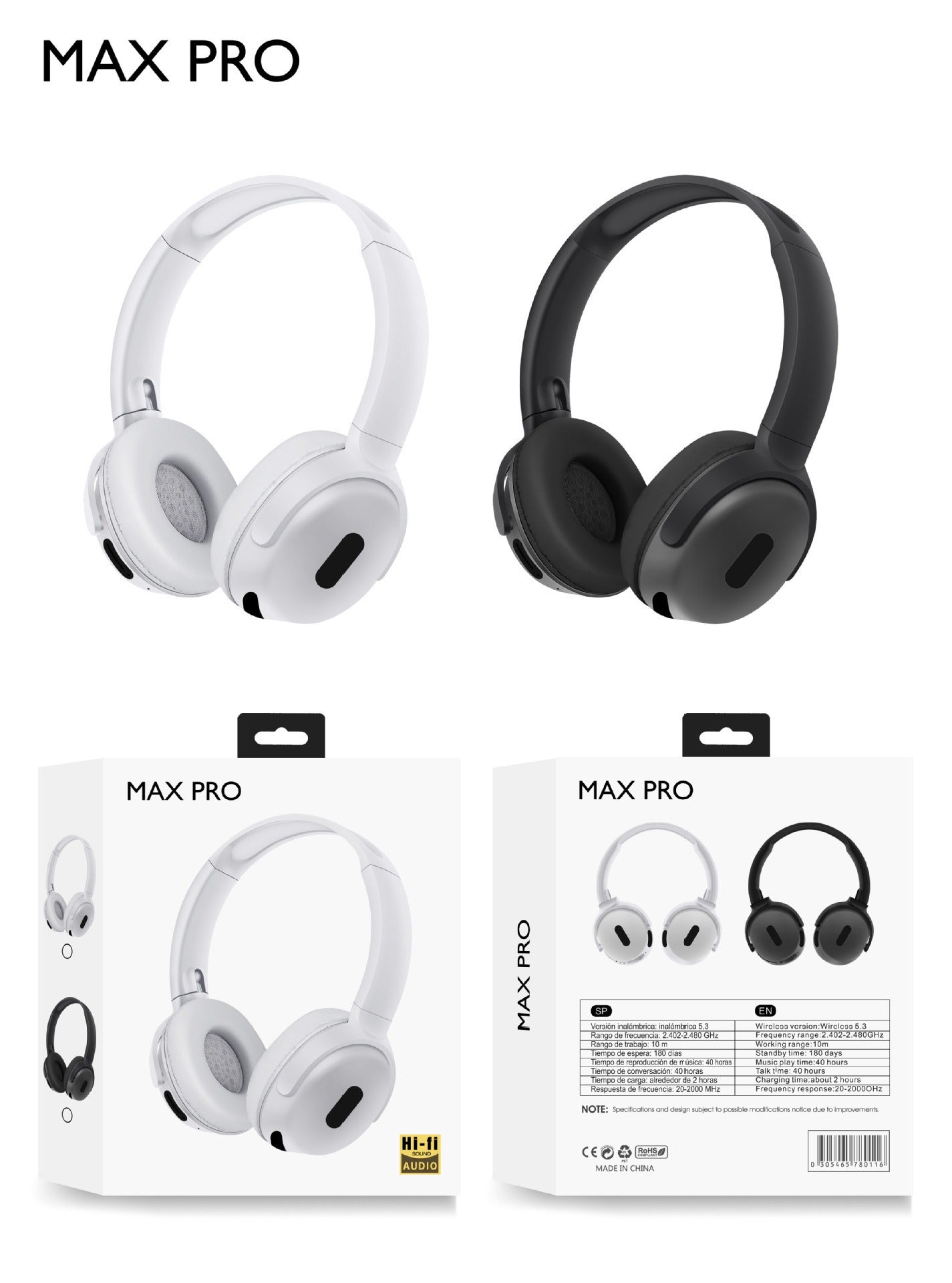 White and black MAX PRO headphones with packaging on a white background