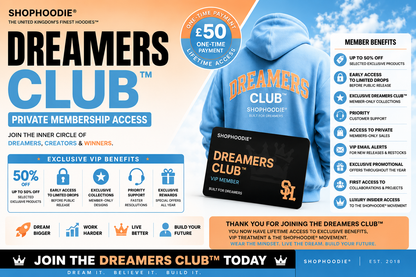 Promotional graphic for Shophoodie Dreamers Club with a blue hoodie and membership benefits listed.