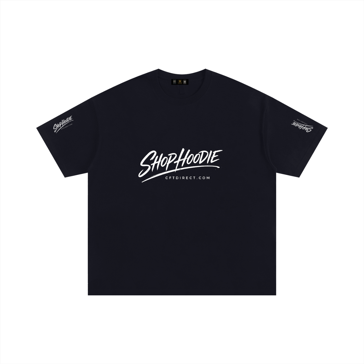 Black t-shirt with white text and branding on a white background