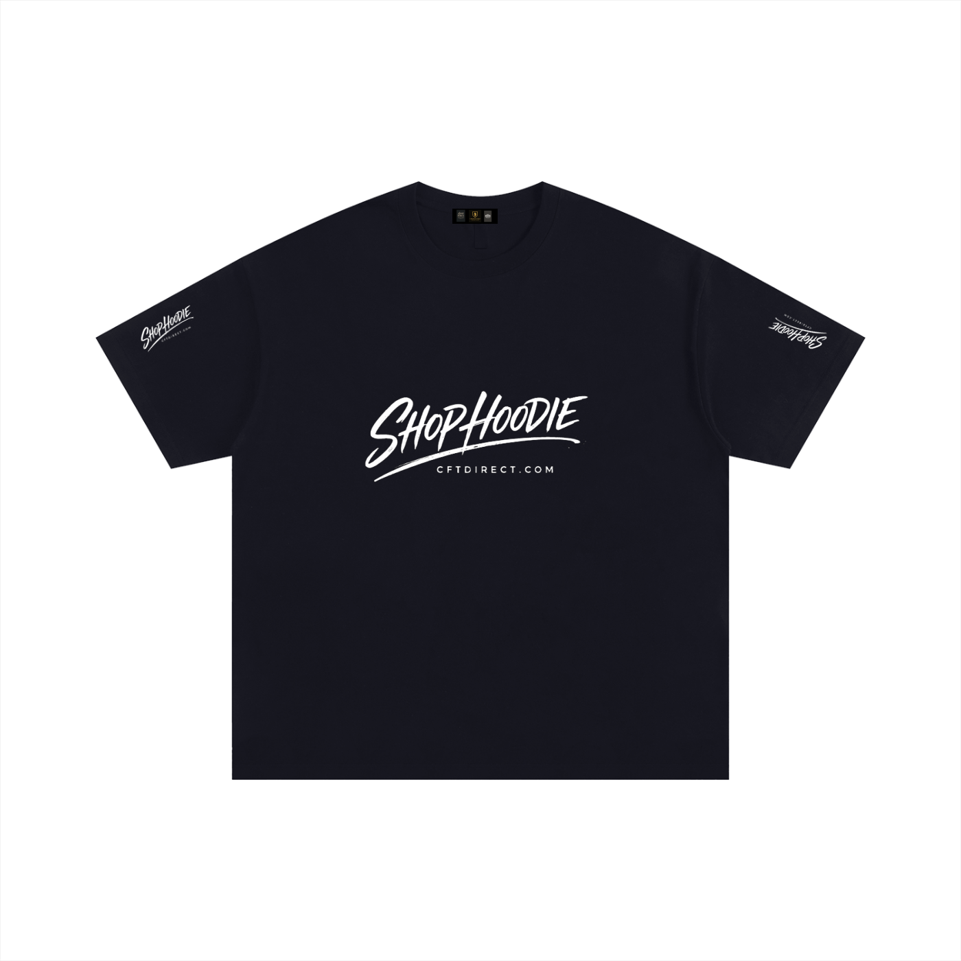 Black t-shirt with white text and branding on a white background