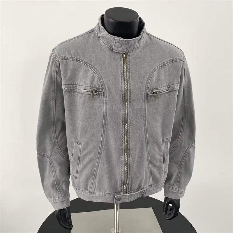Gray denim jacket on a mannequin against a white background