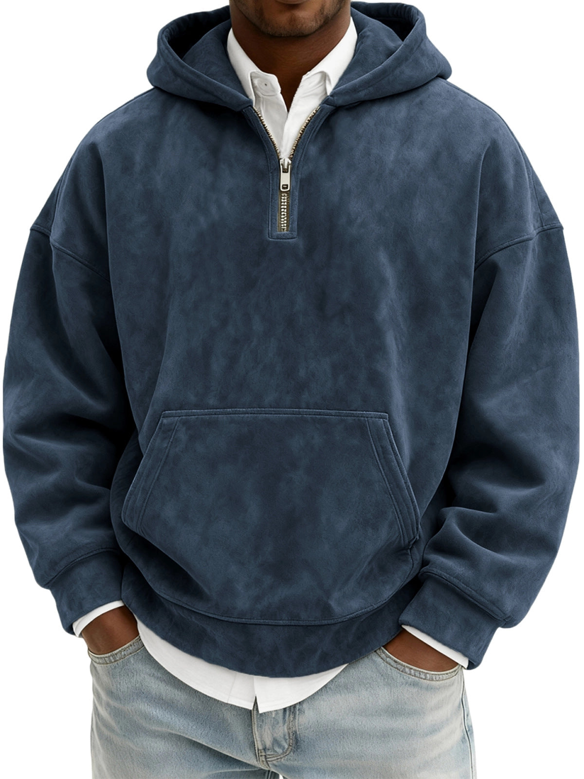 Person wearing a blue pullover hoodie with a white shirt underneath on a white background