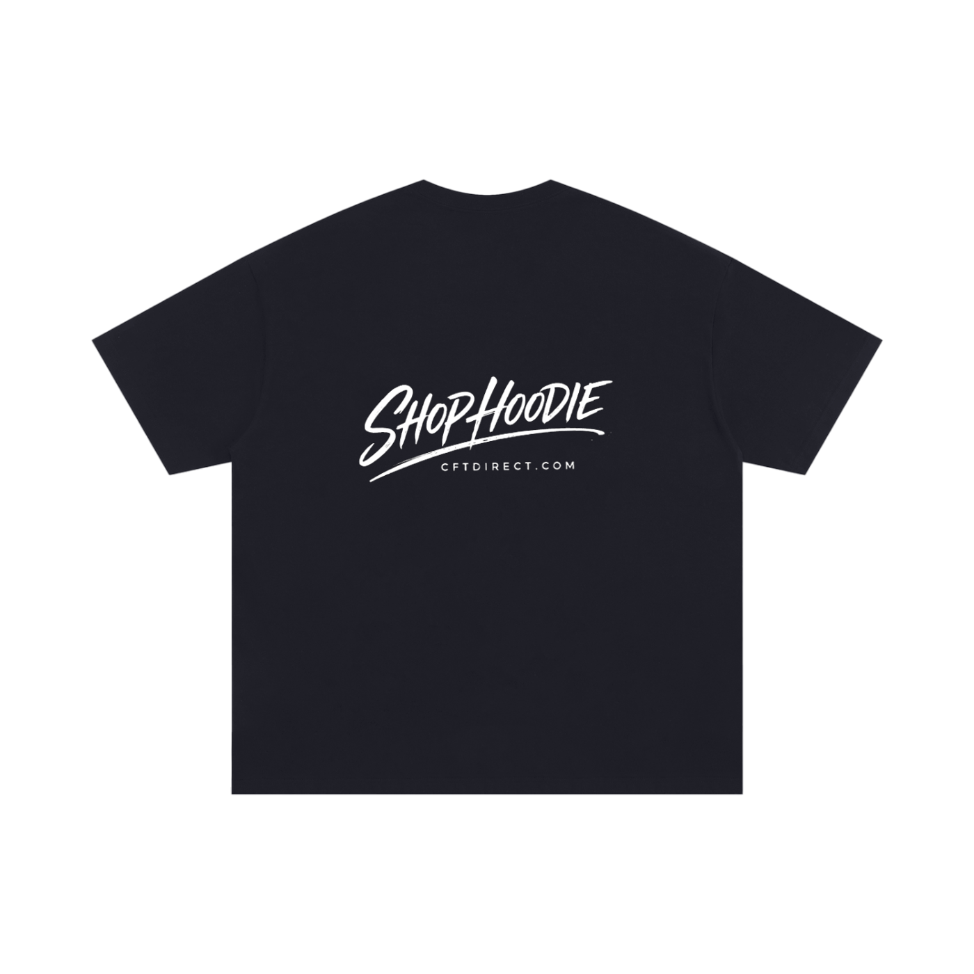 Black t-shirt with white text on a white background