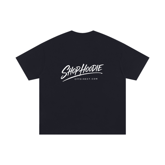 Black t-shirt with white text on a white background
