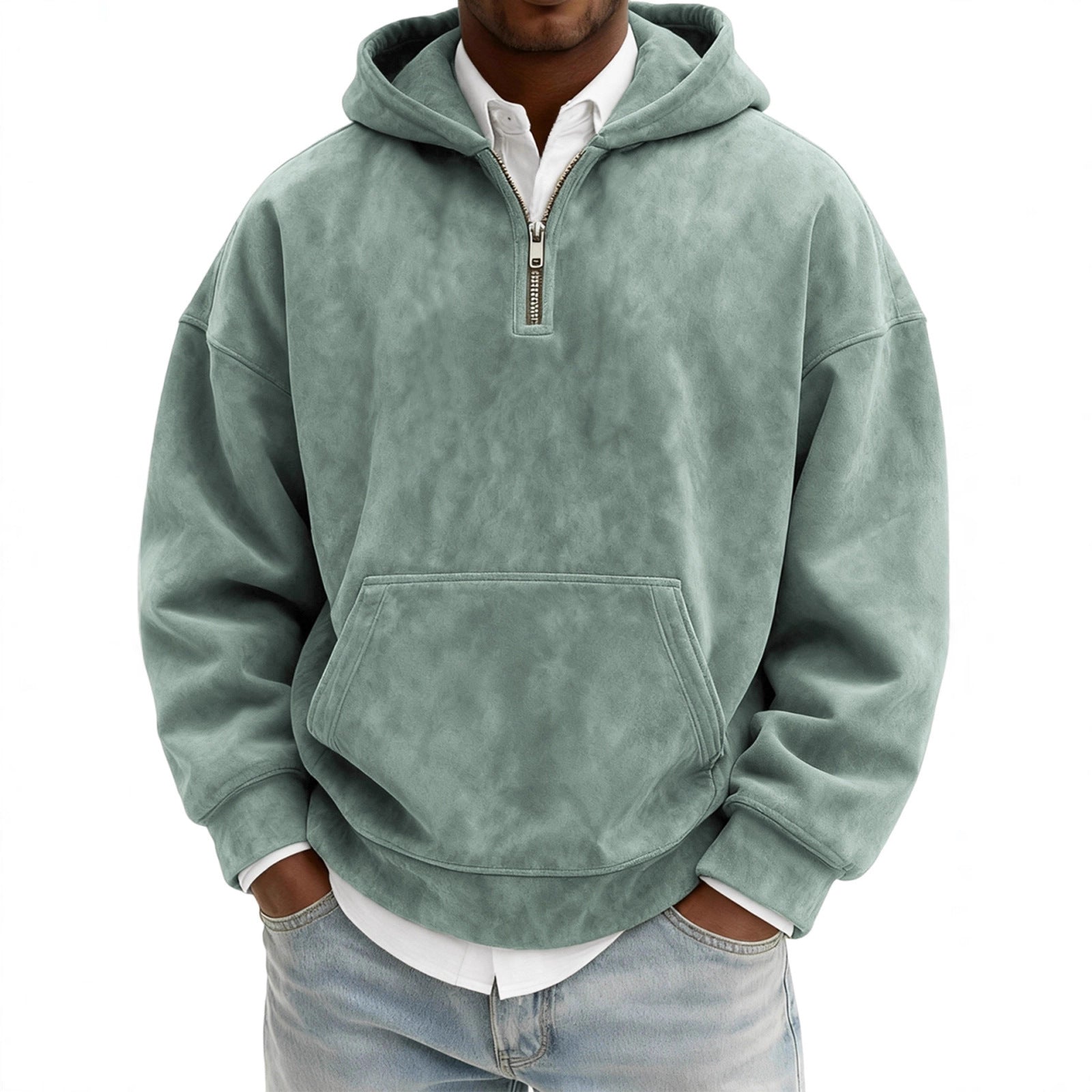 Green hoodie worn by a person on a white background