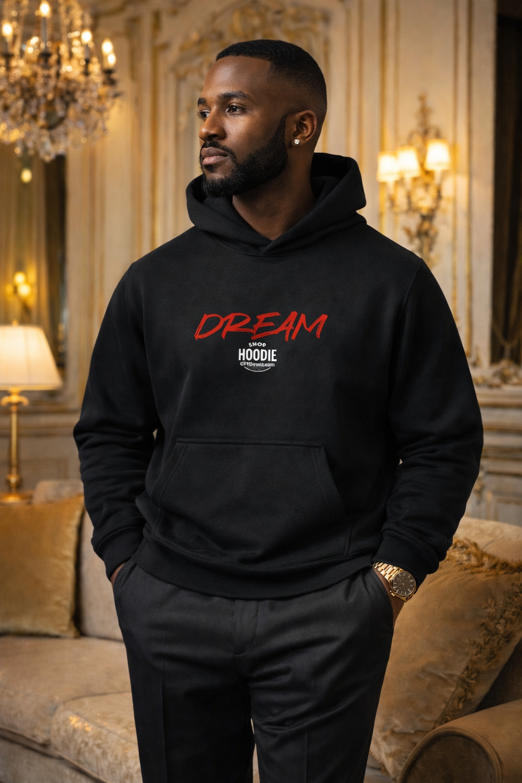Man wearing a black hoodie with 'DREAM' printed on it in a luxurious room.