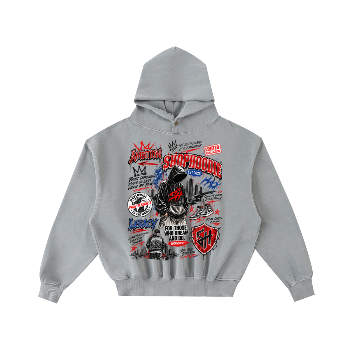 SHOPHOODIE® LONDON AMBITION IN MOTION Frayed Vintage Wash Oversized Fleece Hoodie — 350 GSM — product image 3