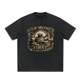 SHOPHOODIE® GET MONEY FIRST Heavyweight Vintage Washed Frayed T-Shirt — 430 GSM