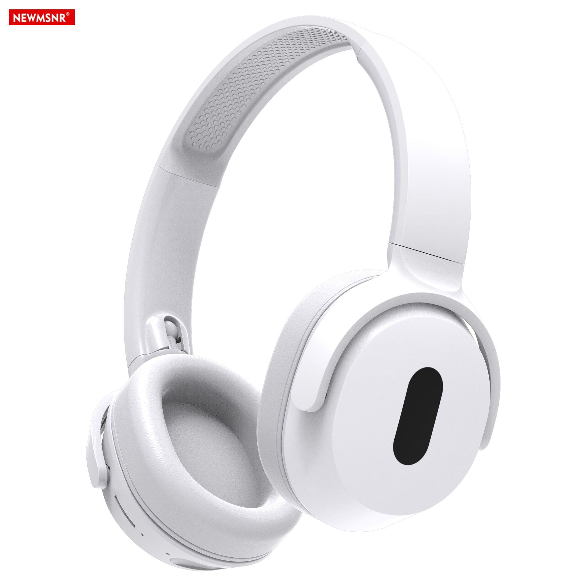 White headphones on a white background with 'NEWMSNR' branding.