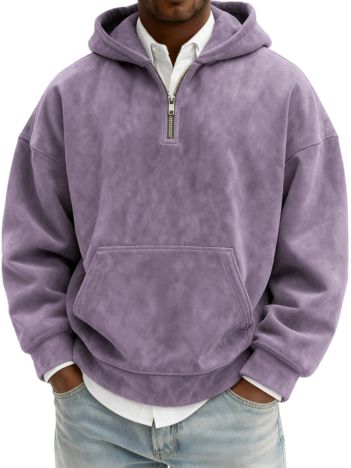 Person wearing a purple hoodie with a zipper on a white background
