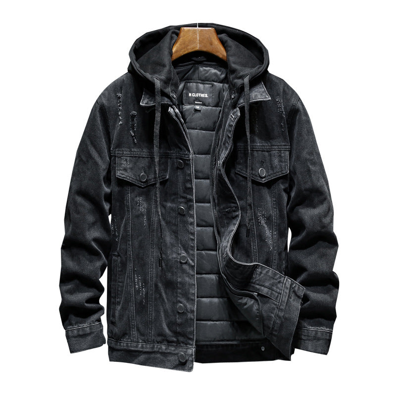 Black denim jacket with quilted lining on a white background