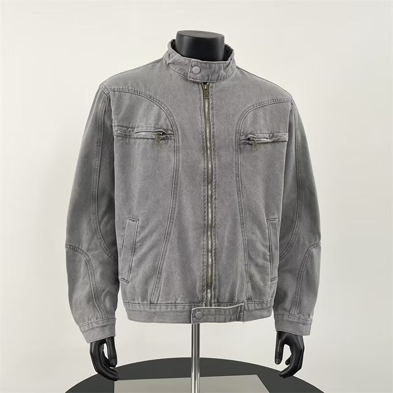 Gray denim jacket on a mannequin against a white background