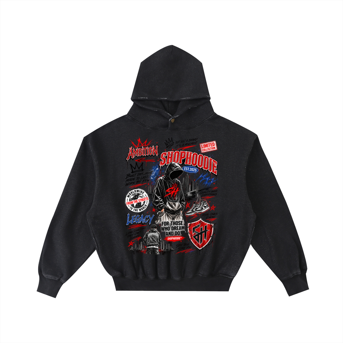 SHOPHOODIE® LONDON AMBITION IN MOTION Frayed Vintage Wash Oversized Fleece Hoodie — 350 GSM — product image 1