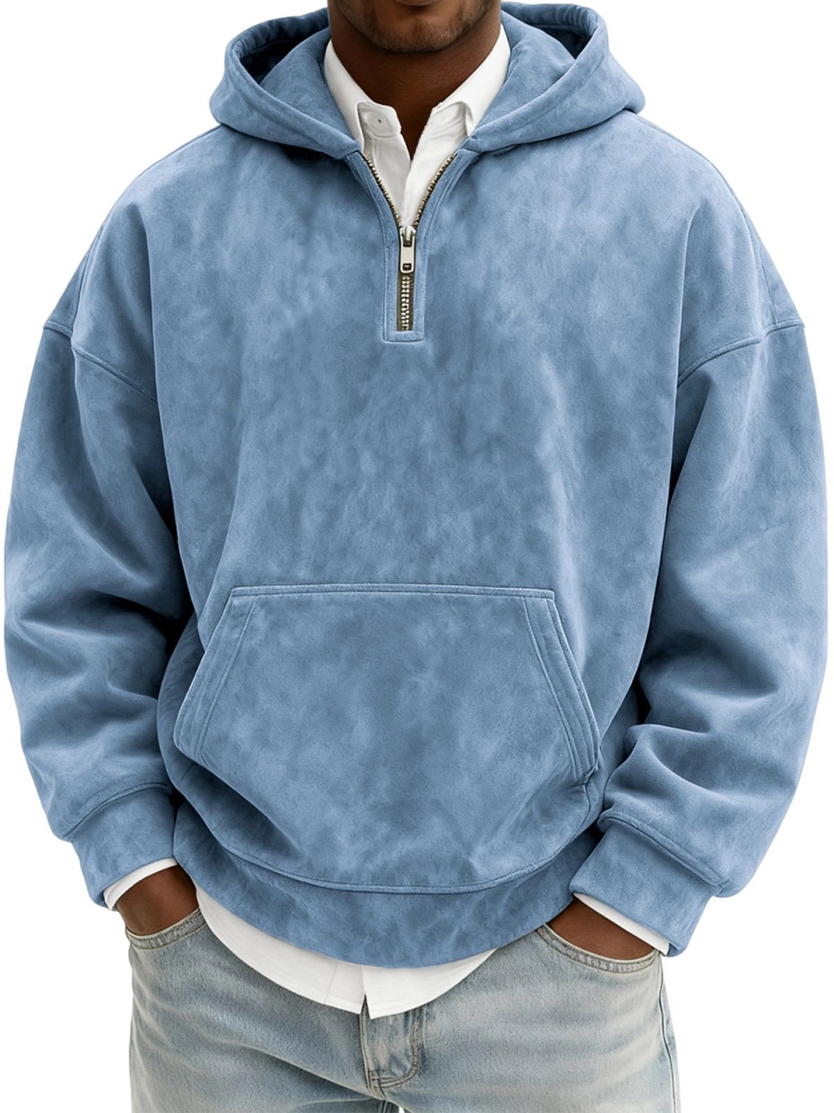 Blue pullover hoodie worn by a person on a white background