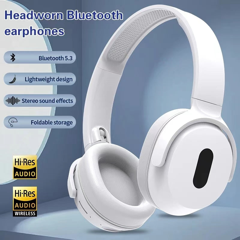 White headband Bluetooth earphones with features listed on a blue background