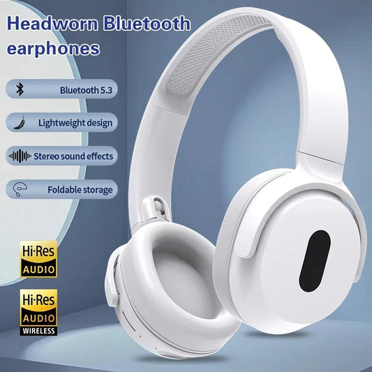 White headband Bluetooth earphones with features listed on a blue background