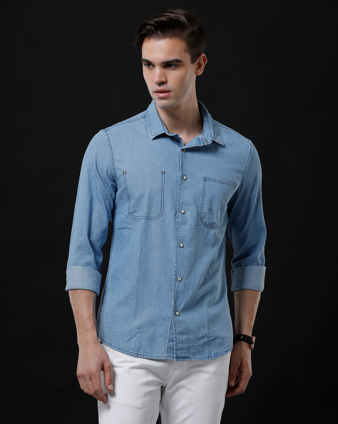 Men's Slim Fit Solid Denim Casual Shirt (MOIST)