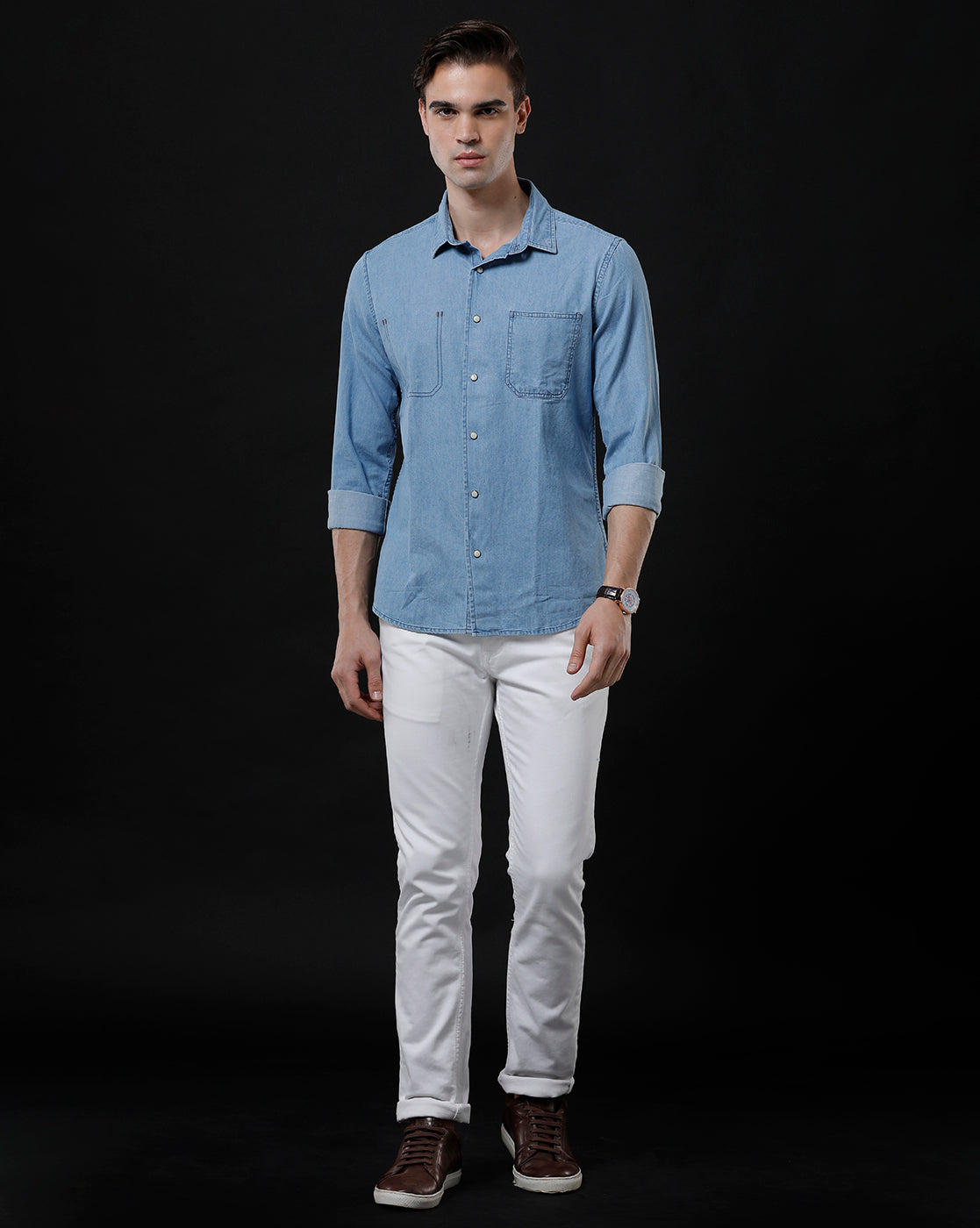 Men's Slim Fit Solid Denim Casual Shirt (MOIST)