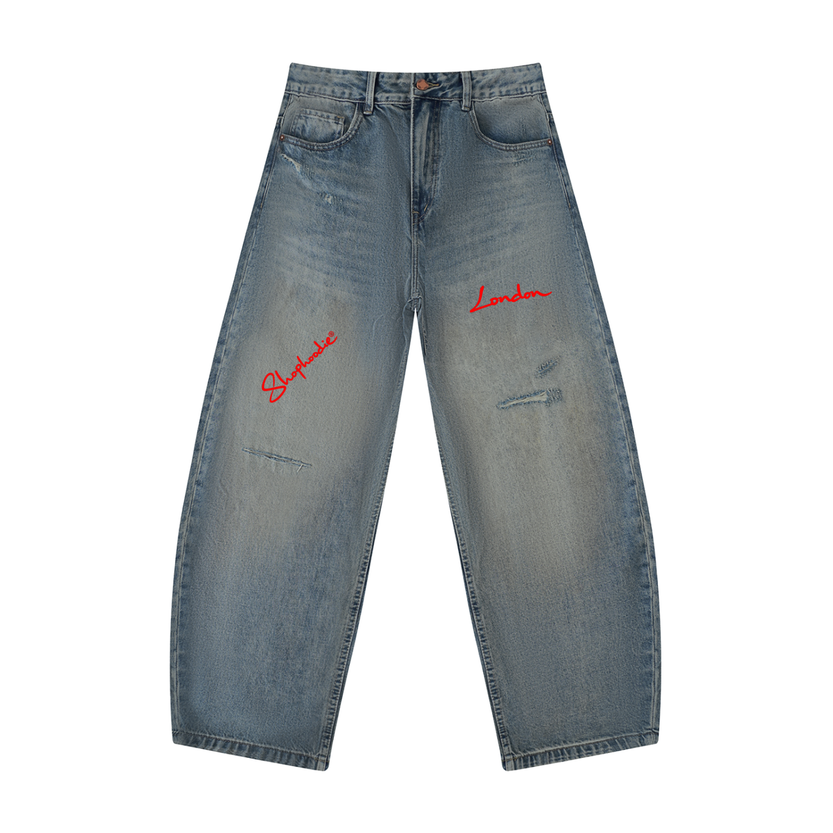 SHOPHOODIE® LONDON Distressed Barrel-Leg Denim Jeans — 340 GSM, Blue front view