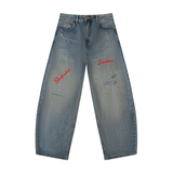 SHOPHOODIE® LONDON Distressed Barrel-Leg Denim Jeans — 340 GSM