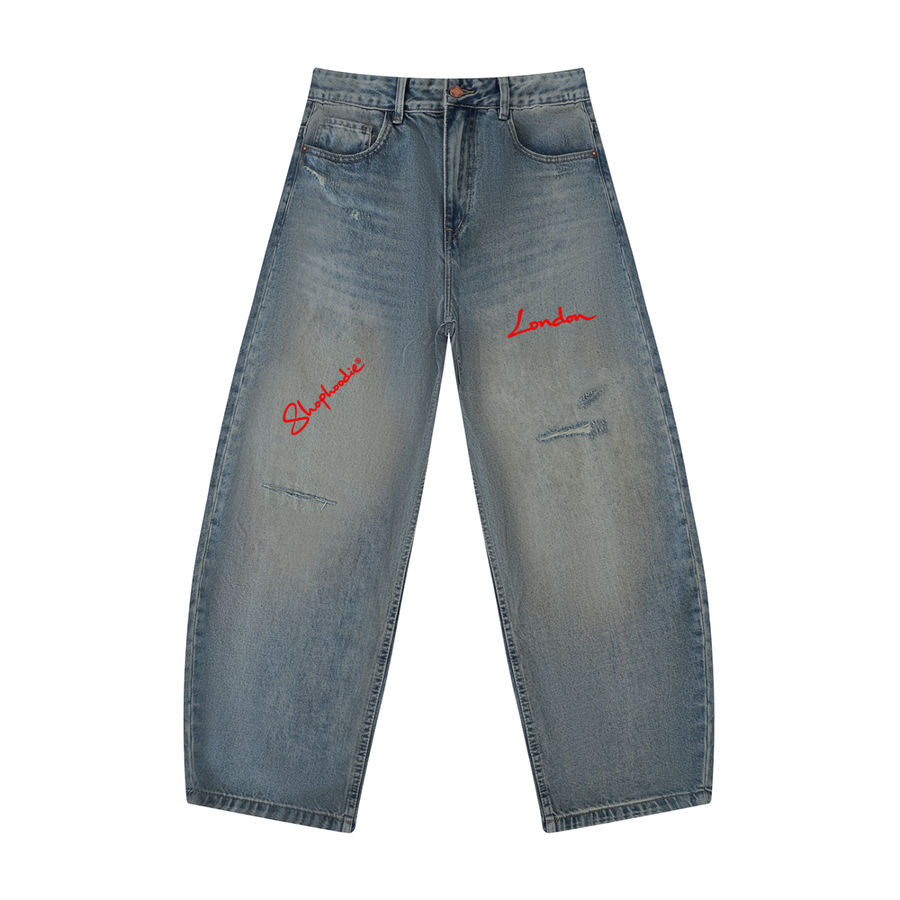 SHOPHOODIE® LONDON Distressed Barrel-Leg Denim Jeans — 340 GSM