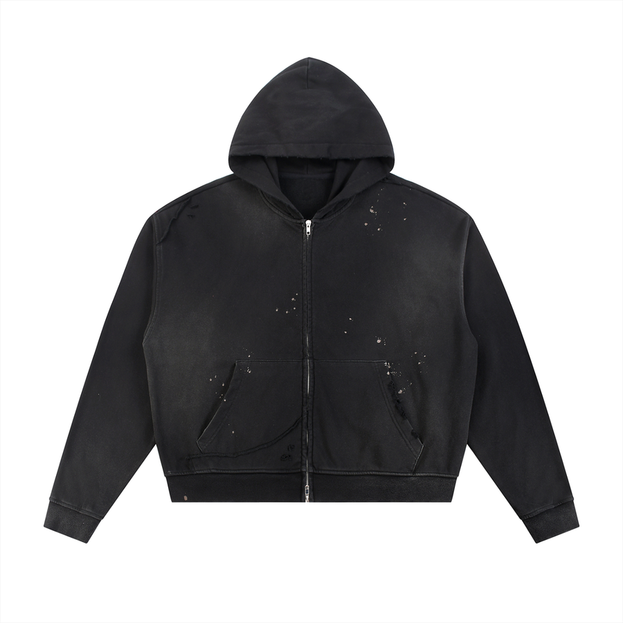 SHOPHOODIE® BLANK Sun Fade Frayed Raw Edge Fleece Zip Hoodie — 404 GSM