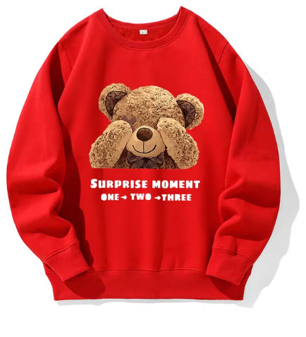 Red sweatshirt with a teddy bear graphic and text on a white background