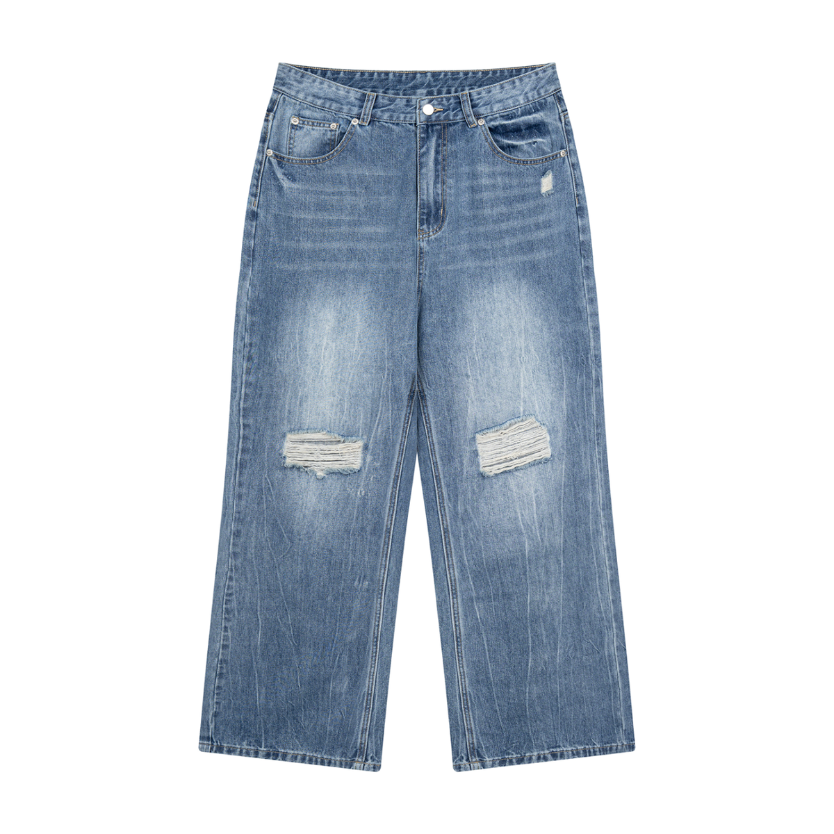 SHOPHOODIE® BLANK distressed straight-leg denim jeans 380 GSM Jeans Blue view one