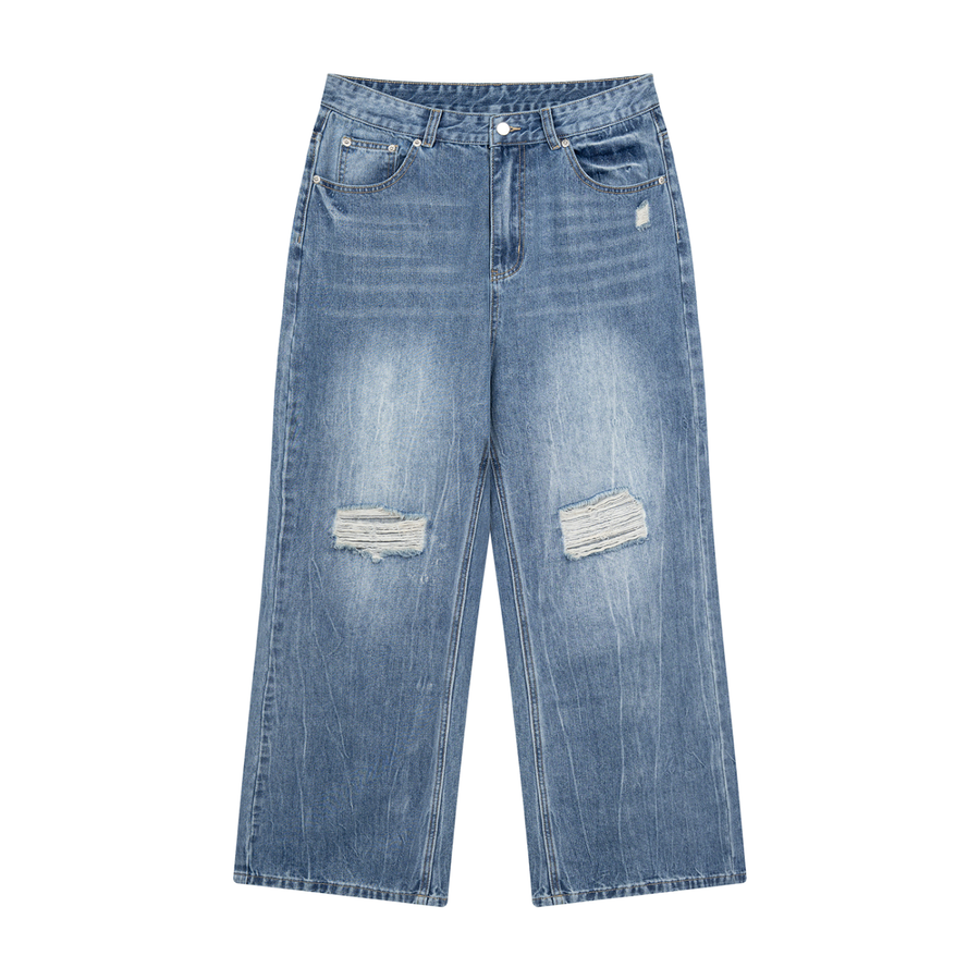 SHOPHOODIE® BLANK Men's Distressed Straight-Leg Denim Jeans — 380 GSM