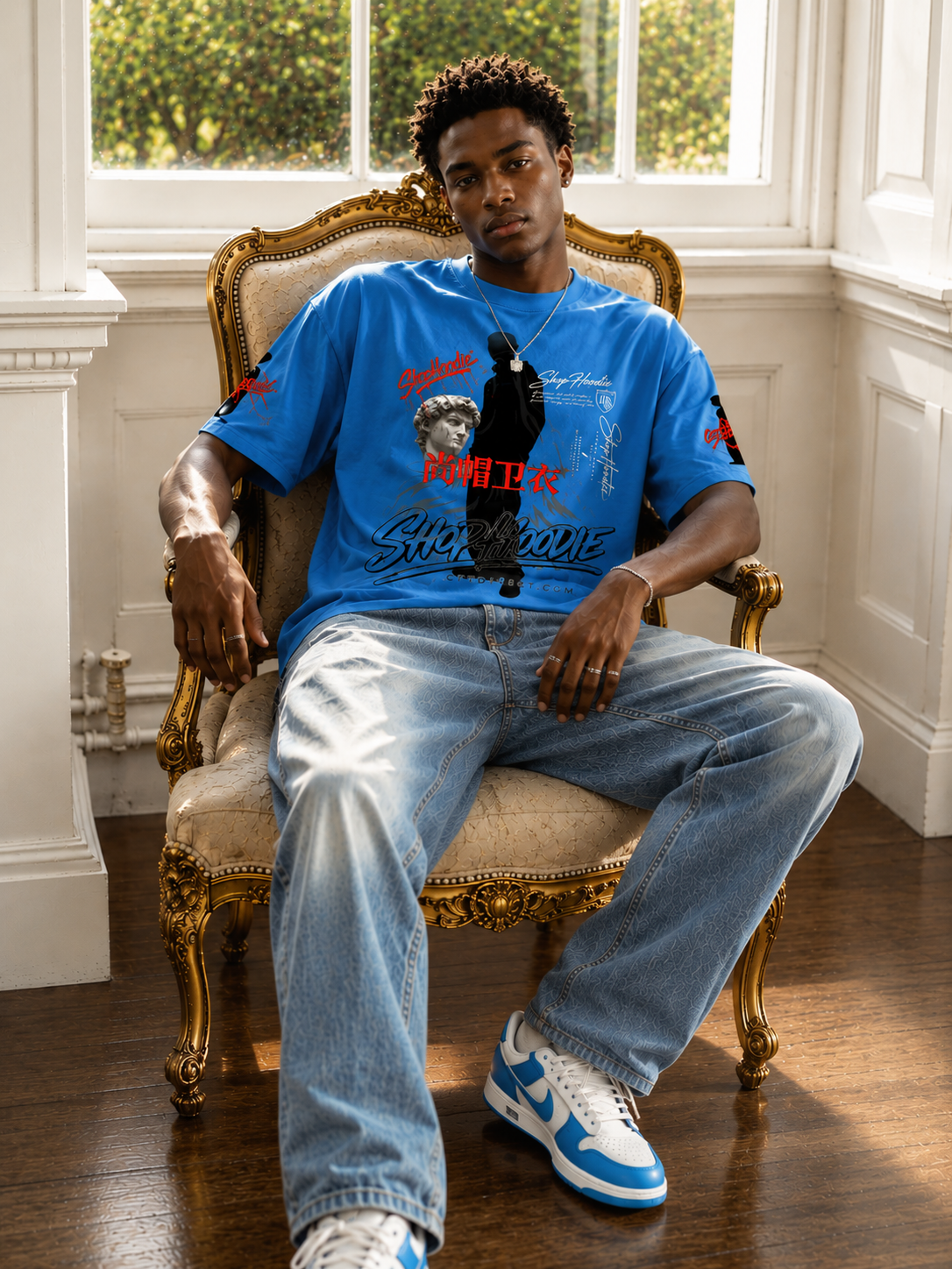 Man sitting in a chair wearing a blue t-shirt with graphic design, jeans, and white sneakers.