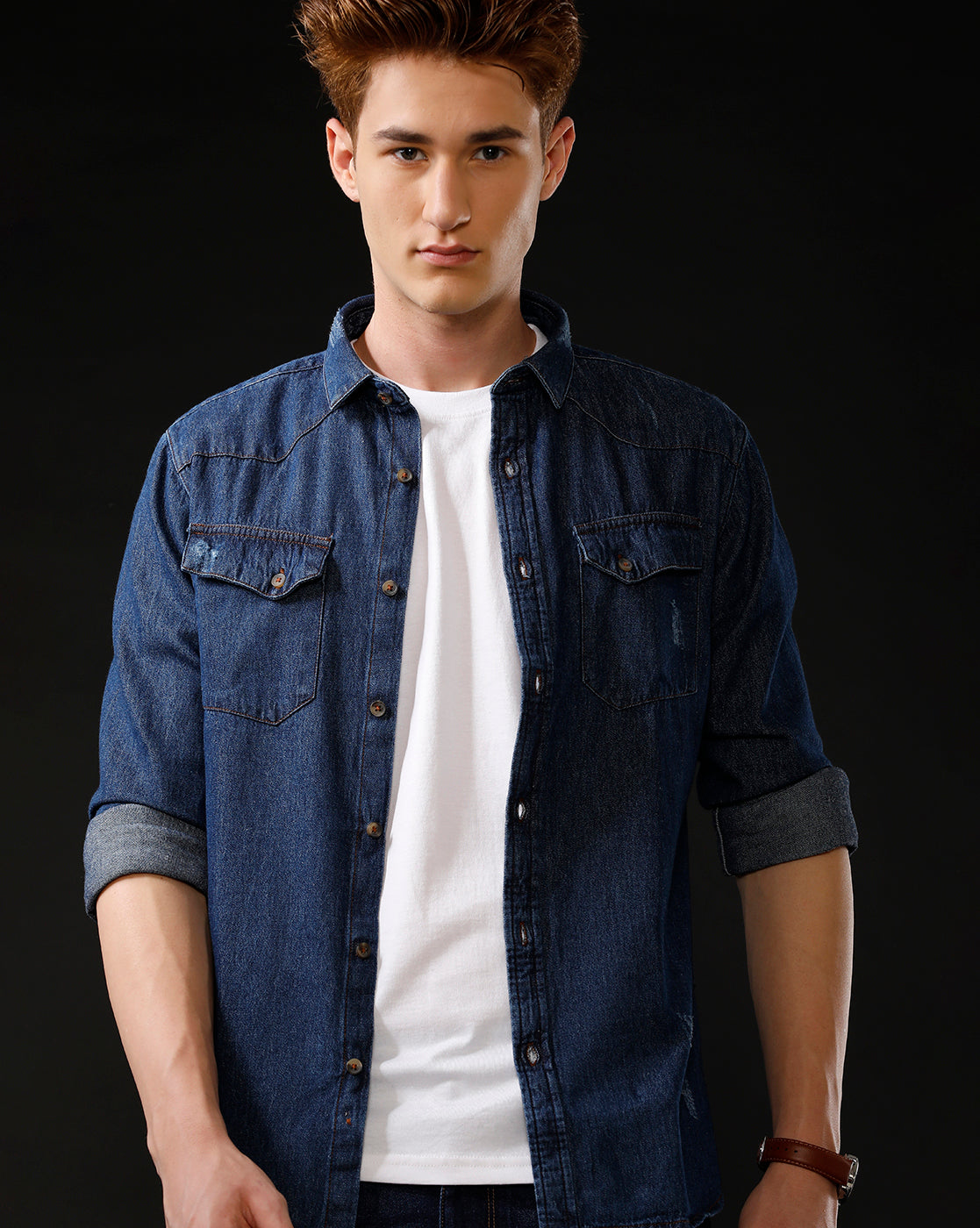 Men's Slim Fit Solid Denim Casual Shirt (ANKUS)