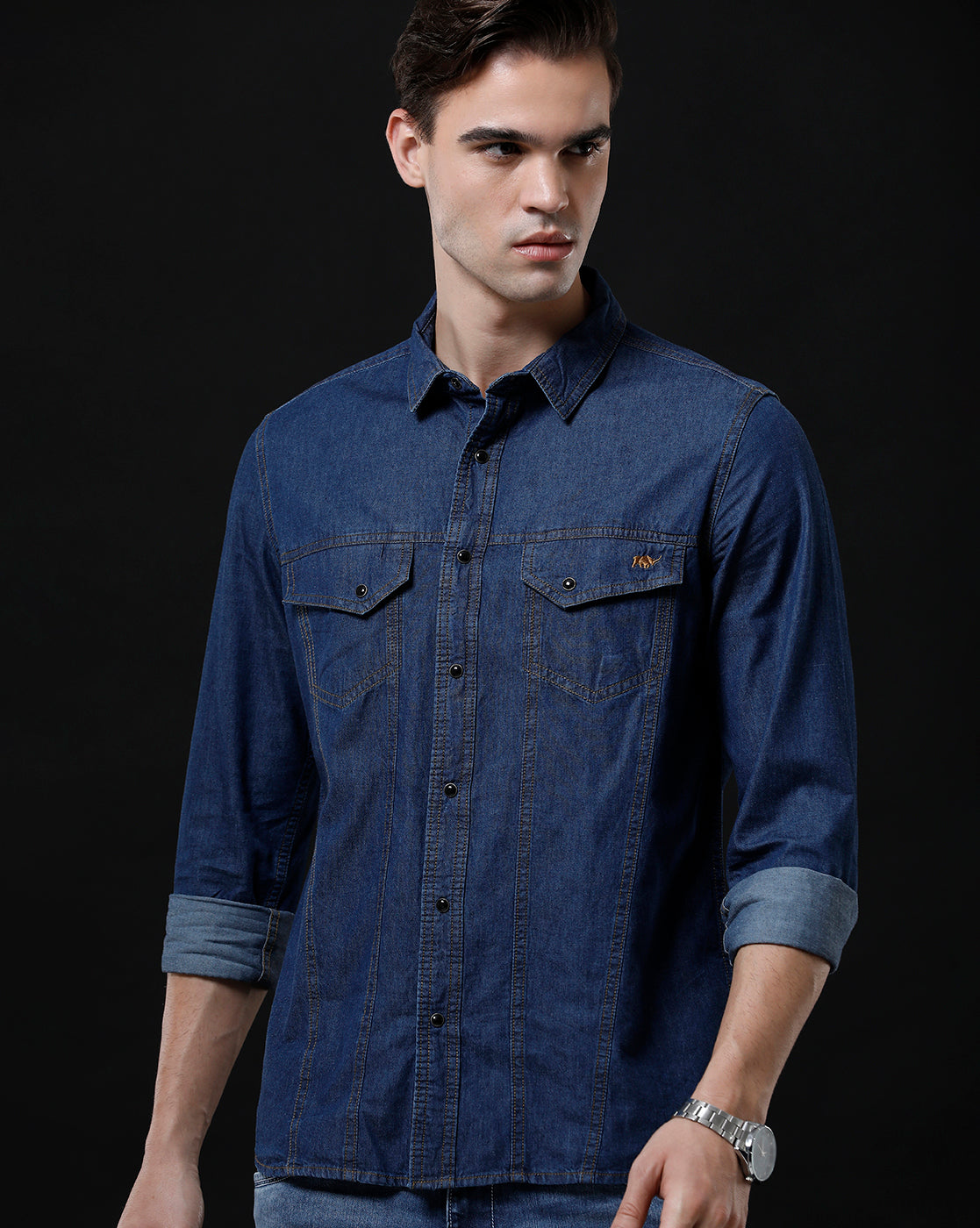 Men's Slim Fit Solid Denim Casual Shirt (APPOL)