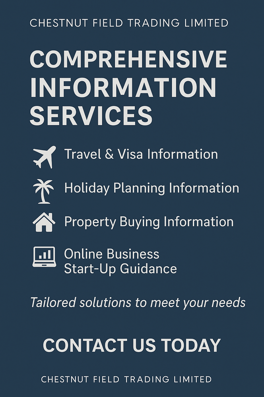 Promotional text for Chestnut Field Trading Limited's comprehensive information services on a dark blue background.