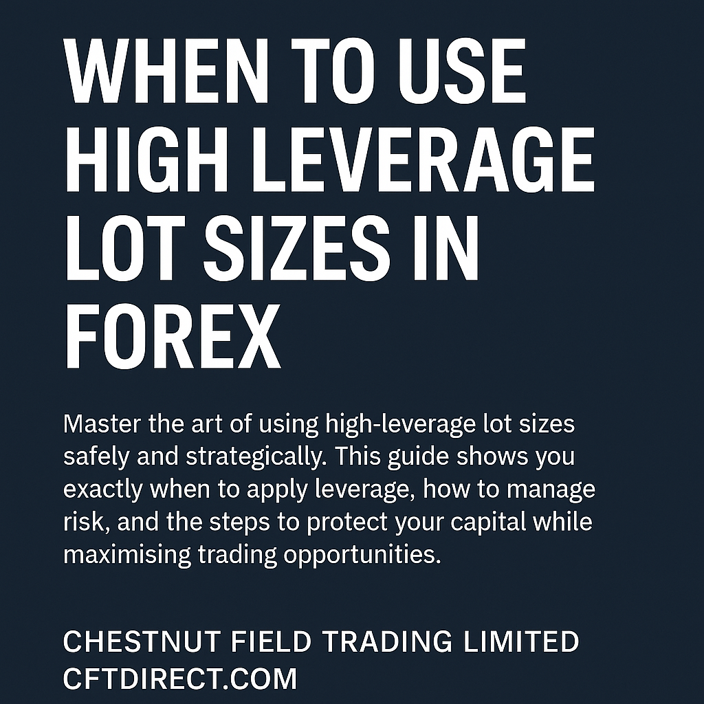 Text on a black background about using high leverage lot sizes in forex trading.