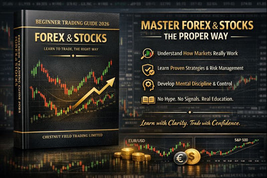 Book titled 'Beginner Trading Guide 2026 Forex & Stocks' on a dark background with financial graphics.