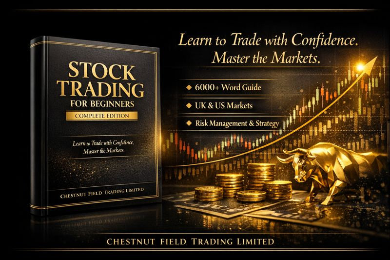 Book titled 'Stock Trading for Beginners' with financial graphics and a bull statue on a dark background.