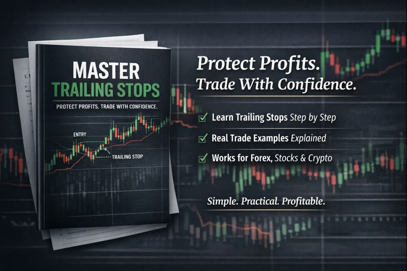 Book titled 'Master Trailing Stops' on a dark background with trading chart graphics.
