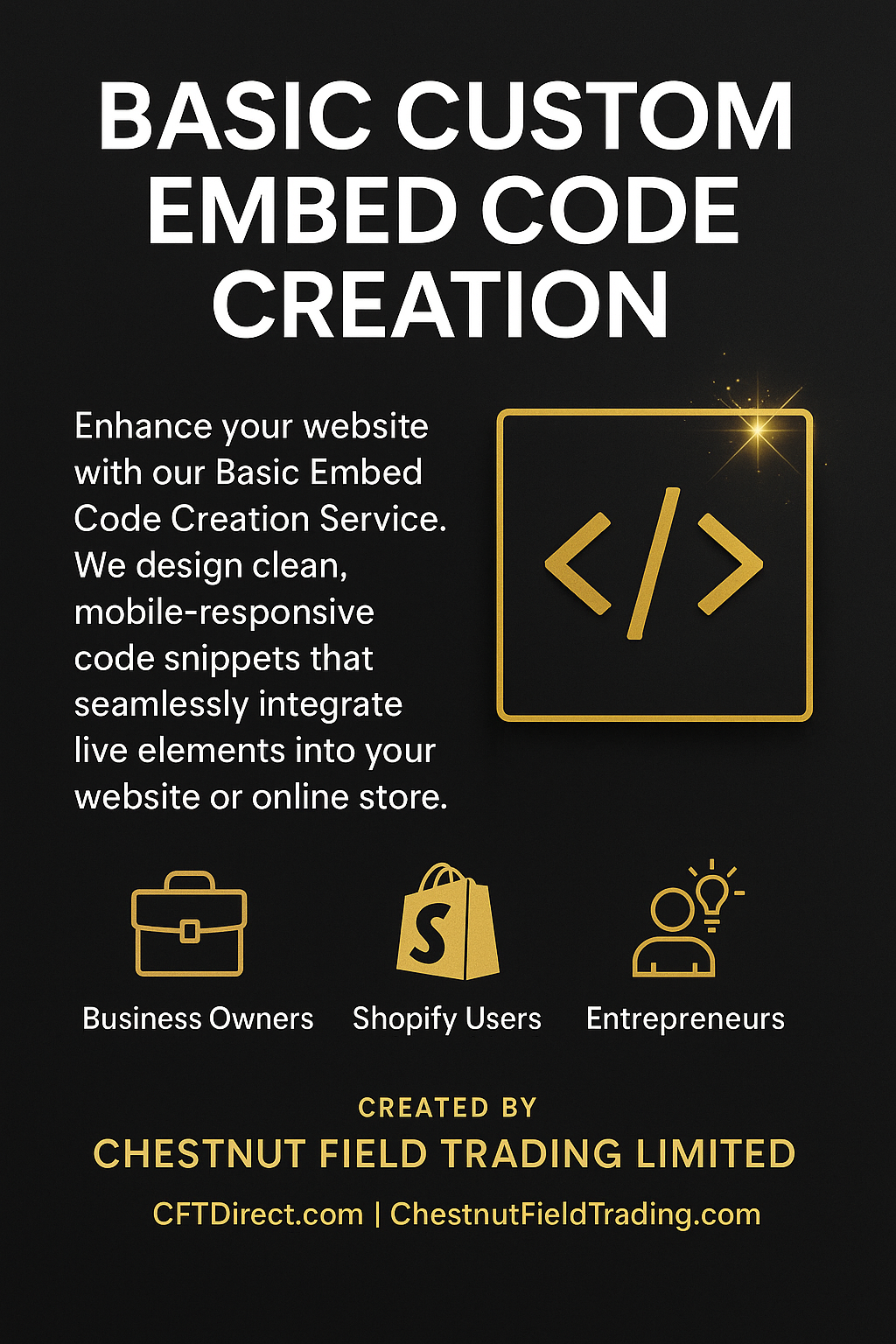 Advertisement for basic custom embedded code creation service on a black background with gold text and icons.