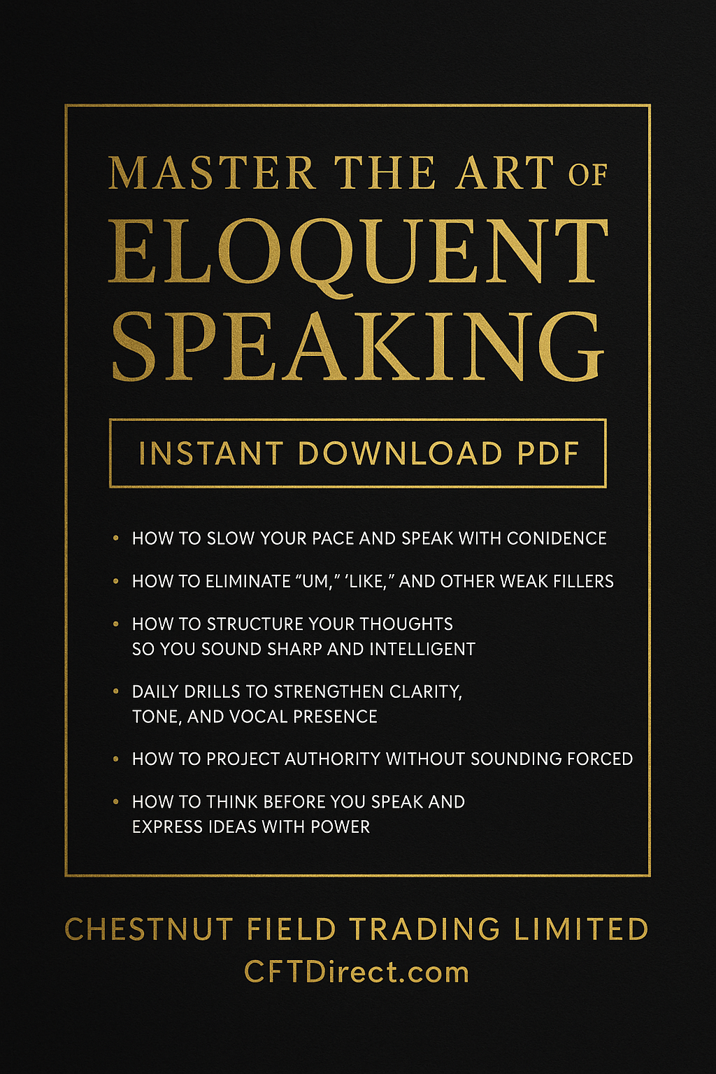 Book cover of 'Master the Art of Eloquent Speaking' with gold text on a black background