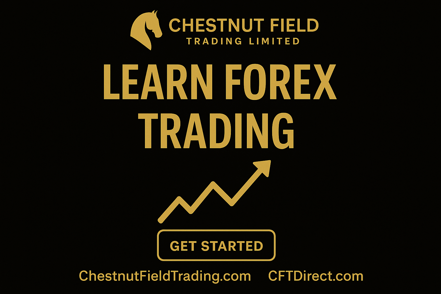 Advertisement for Chestnut Field Trading Limited offering forex trading education with a gold arrow graphic on a black background.