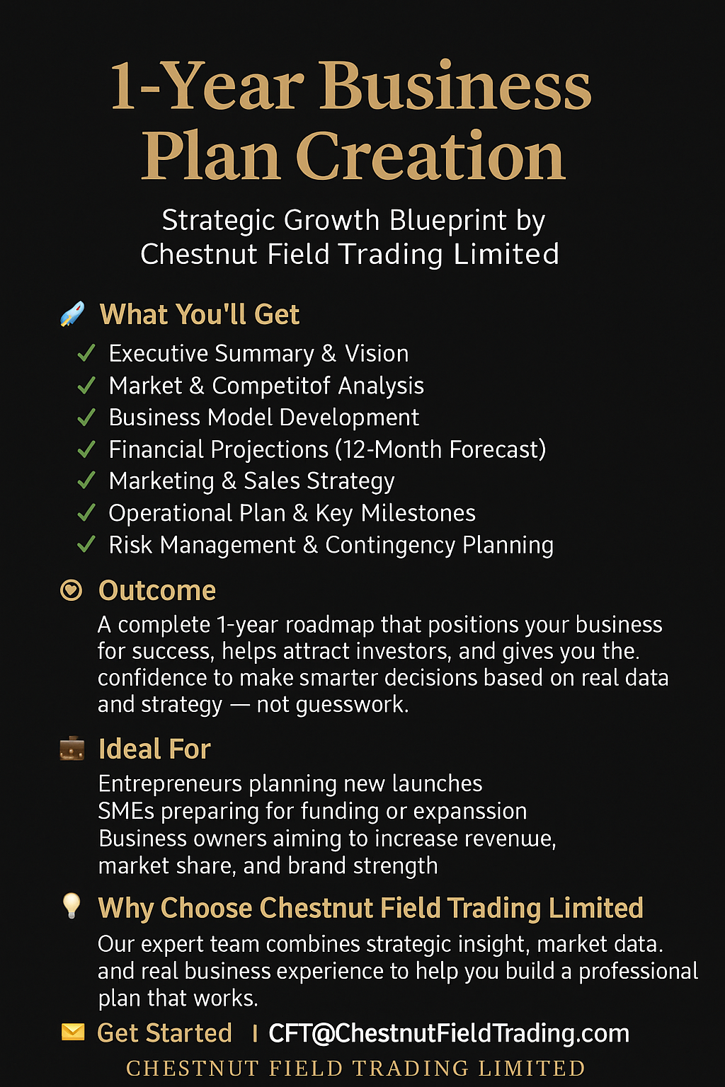 Promotional text for 1-Year Business Plan Creation service by Chestnut Field Trading Limited on a black background.