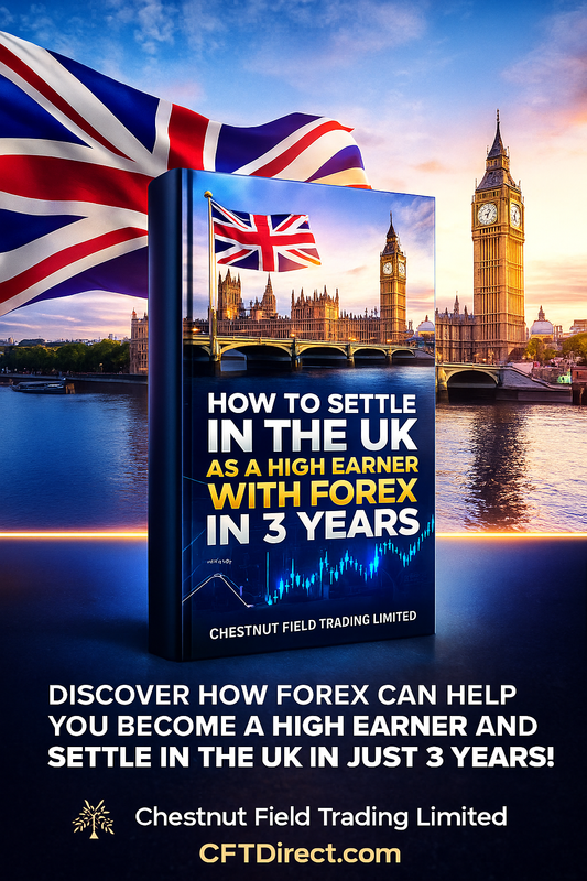 Book titled 'How to Settle in the UK as a High Earner with Forex in 3 Years' with British flag and Big Ben in the background