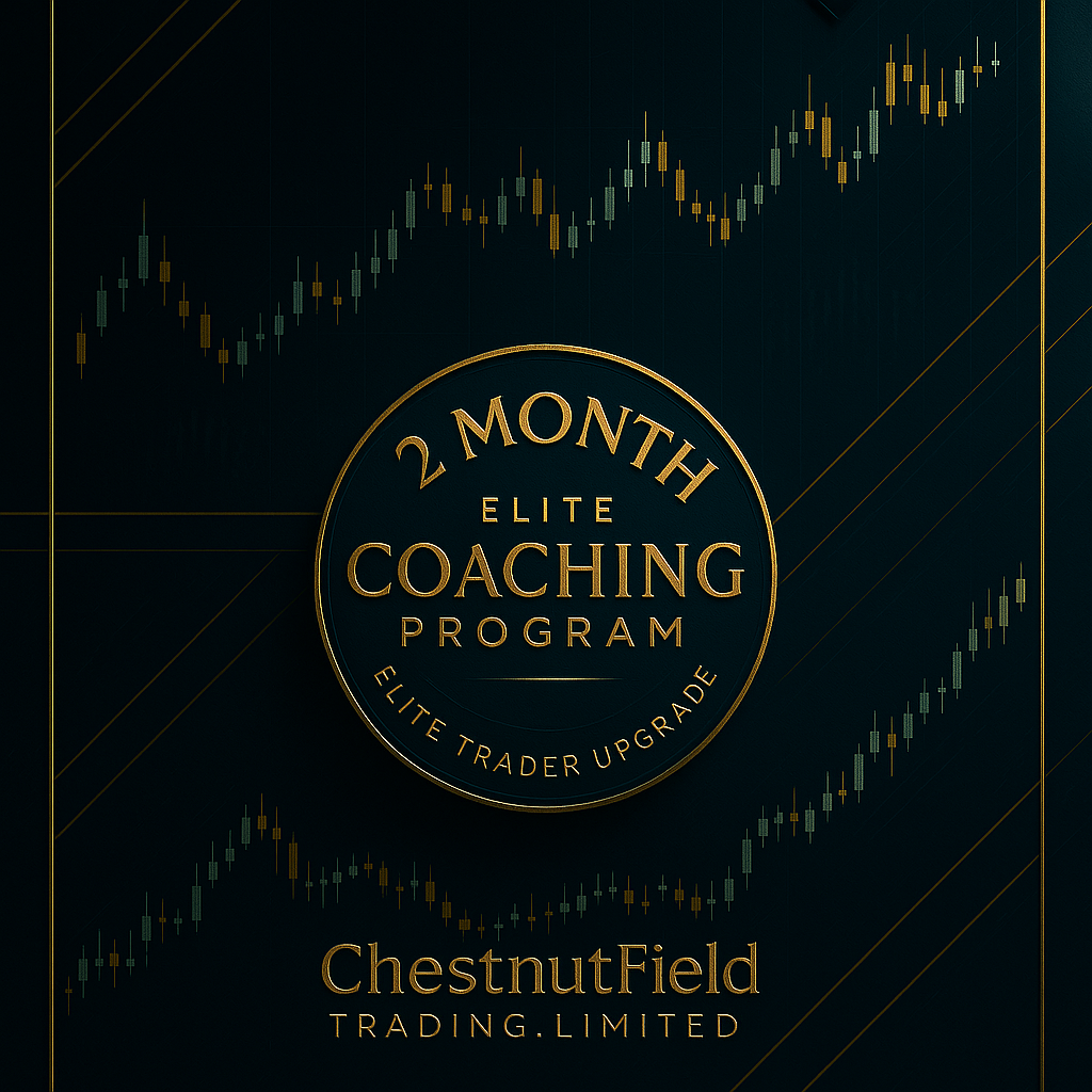 Advertisement for a 2-month Elite Coaching Program by ChestnutField Trading Limited with stock market chart background.